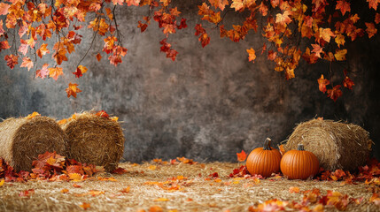 Rustic harvest festival scene with pumpkins and hay bales