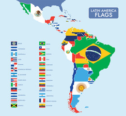 Latin America Map with National Flags