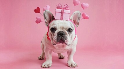 Cute French bulldog in hairband with hearts and gift box on pink background. Valentine's Day celebration