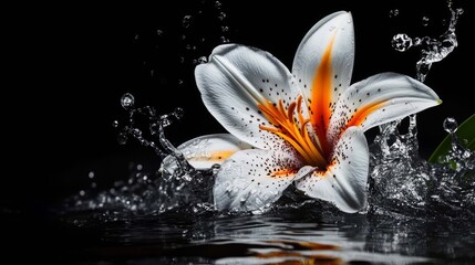 various lily flowers with beautiful splashes on black background