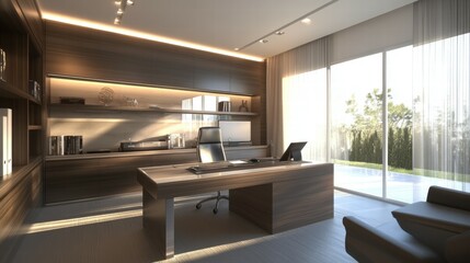 Modern home office design large desk setup in a creative contemporary environment