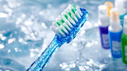 A blue toothbrush with water coming out of it next to a group of toothpaste tubes