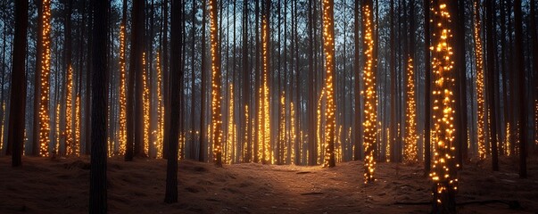 Winter Forest With Twinkling Christmas Lights On Trees 