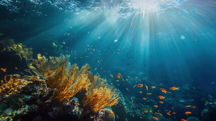 Fototapeta premium A vibrant underwater scene filled with coral and tropical fish, showcasing rays of sunlight filtering through the water, creating a serene atmosphere.