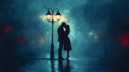 A couple is kissing under a street lamp on a rainy night