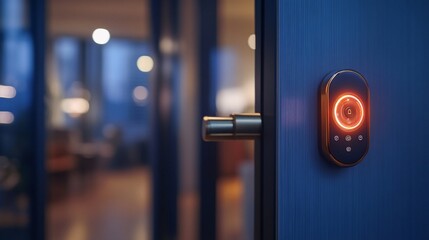 Smart door lock with illuminated keypad at night, modern office interior visible.