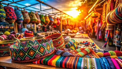 Ecuadorian Market Wristbands: Vibrant Colors, Woven Textures, Andean Crafts, South American Street Scene Photography