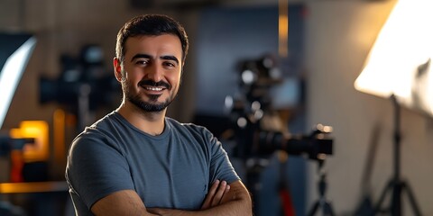 Turkish male photographer standing proudly in front of a camera setup, preparing for a photo shoot