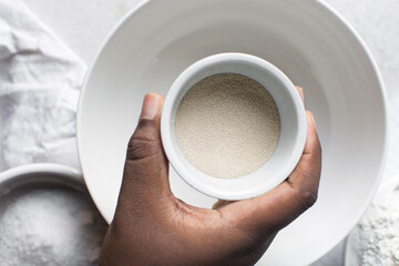 Overhead view of instant yeast in a white bowl, dry yeast granules for baking bread