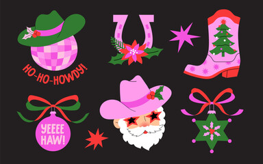Western-themed Christmas illustrations. Cowboy boots, Santa in a cowboy hat, decorated cacti, ornaments, horseshoes, and festive accents. Vector cartoon graphics