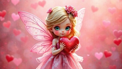 Fototapeta premium Cute magical fairy holding a heart in her hands for valentine's day, love concept, valentine's day, wallpaper, valentine's day card