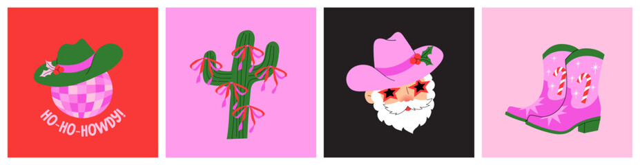 Western-themed Christmas illustrations. Cowboy boots, Santa in a cowboy hat, decorated cacti, discoball, and festive accents. Vector cartoon graphics