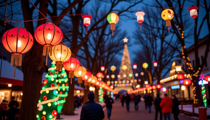 Holiday Lantern Festival - A festival of glowing Christmas-themed lanterns. background copyspace