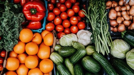 A vibrant farmer's market display with fresh produce, highlighting the importance of buying local and reducing food waste through mindful consumption