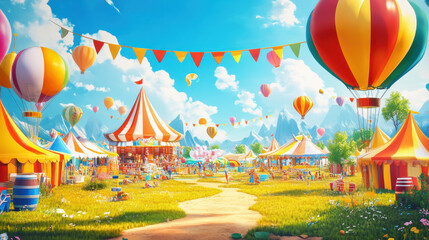 Obraz premium vibrant summer festival scene with colorful tents and balloons
