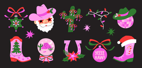 Western-themed Christmas illustrations. Cowboy boots, Santa in a cowboy hat, decorated cacti, ornaments, horseshoes, and festive accents. Vector cartoon graphics