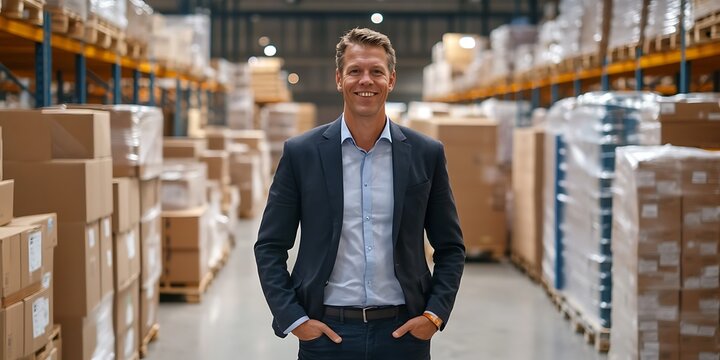 Dutch male logistics coordinator standing proudly in a busy warehouse
