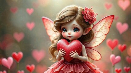 Fototapeta premium Cute magical fairy holding a heart in her hands for valentine's day, love concept, valentine's day, wallpaper, valentine's day card