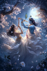 Krishna and Radha Celebrate Love in a Serene Natural Setting at Night