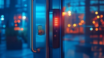 Modern door access control system at night.