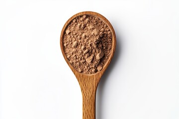 Top view of collagen or milk protein powder in a wooden spoon on a white background
