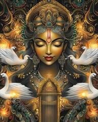 Graceful saraswati maas portrait with swans artistic representation cultural heritage environment captivating closeup view