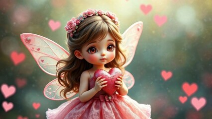 Fototapeta premium Cute magical fairy holding a heart in her hands for valentine's day, love concept, valentine's day, wallpaper, valentine's day card