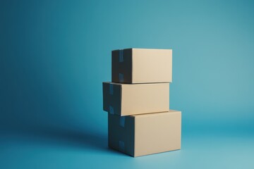 Obraz premium Stack of Plain Brown Boxes on Solid Blue Background for Shipping and Packaging Concepts