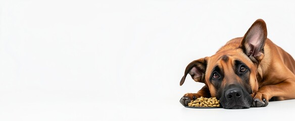 A young dog lies on the floor next to a bowl of food at home, a place for a text banner on a white background.