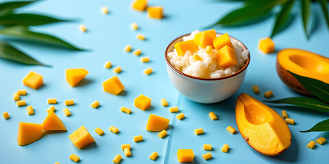 Coconut Mango Rice Pudding - A creamy rice pudding made with coconut milk and fresh mango chunks. backdrop background digital art crisp oilpinting minimalist sharp details funny background copyspace