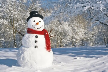 Fototapeta premium Snowman With Red Scarf And Snow-covered Trees In Background 