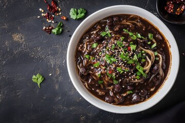 Top view of Korean noodles with black bean sauce on a dark backdrop