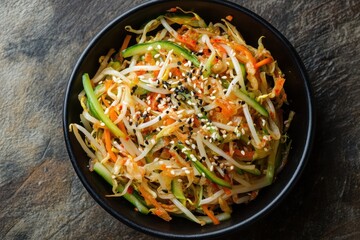 Top view of Korean sides mung bean sprout salad and cucumber kimchi