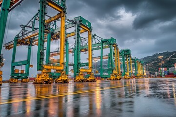 Naklejka premium Industrial Port with Crane Structures Under Dramatic Overcast Sky and Reflective Wet Pavement, Showcasing Maritime Cargo Operations in a Busy Harbor Setting