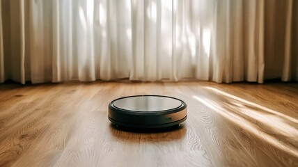 A robotic vacuum cleaner on a wooden floor near sunlight streaming through curtains.