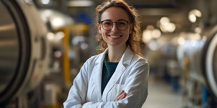 Female nuclear physicist standing in a research facility, smiling, portrait shot