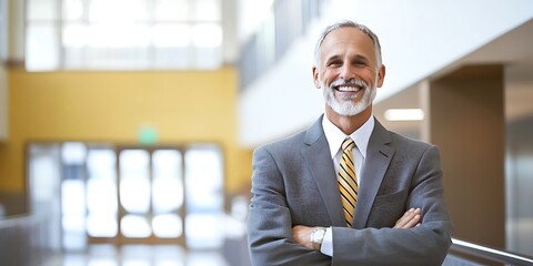 Portrait of high school principal standing proudly in a school setting, leading with authority