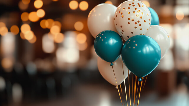 A bunch of balloons with gold polka dots are floating in the air - Powered by Adobe