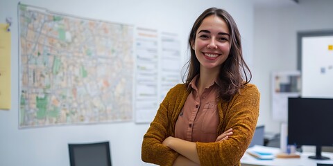 Portrait of an urban planner standing confidently in a city planning office, smiling