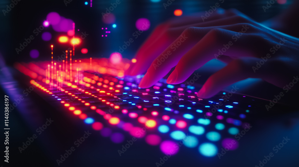 Poster a person is typing on a keyboard with colorful keys