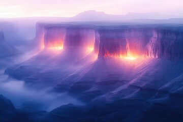 Bright pastel canyon landscape, soft golden cliffs with glowing lavender highlights, minimal sky...