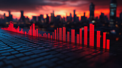 A city skyline with red bars on the ground