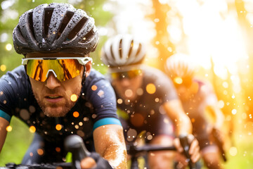 Radrennfahrer in Action bei Sonnenschein, dynamische Nahaufnahme mit Wassertropfen
