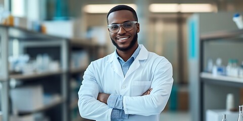 Fototapeta premium Portrait of a bioinformatics scientist standing proudly in a university lab
