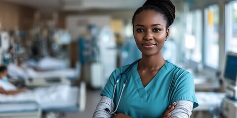 Fototapeta premium Portrait of a female nurse anesthetist standing confidently in a hospital, smiling, portrait shot, looking at the camera