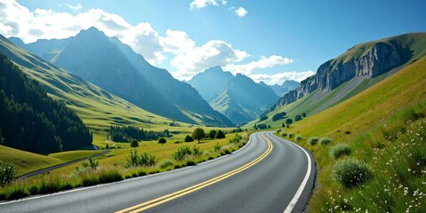 Naklejka premium A Winding Road in Mountains, A Summer Landscape with an Asphalt Road