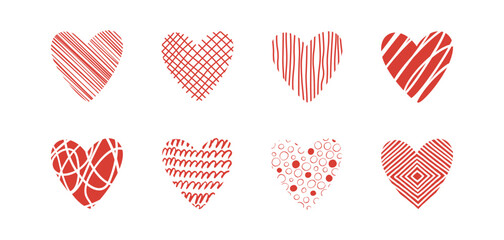 Set of doodle textured vector heart shapes