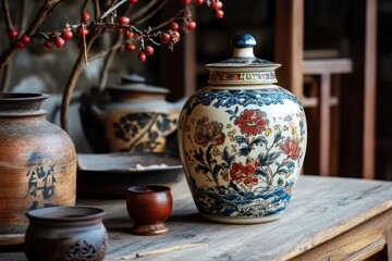 Traditional ceramic jar of Shaoxing rice wine