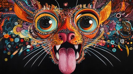 Obraz premium Detailed colorful abstract cat face with tongue.