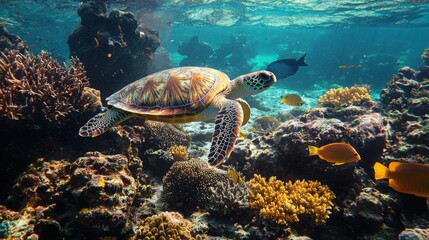 Fototapeta premium A beautiful sea turtle gliding through a vibrant coral reef, surrounded by colorful fish and marine life in clear blue water.